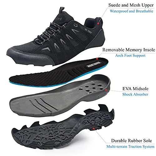 SHULOOK Men's Waterproof Hiking Shoes Lightweight Anti Slip Outdoor Ankle Boots Breathable Hike Trekking Trails Shoe Black/Grey 9