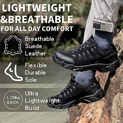 SHULOOK Men's Waterproof Hiking Shoes Lightweight Anti Slip Outdoor Ankle Boots Breathable Hike Trekking Trails Shoe Black/Grey 9