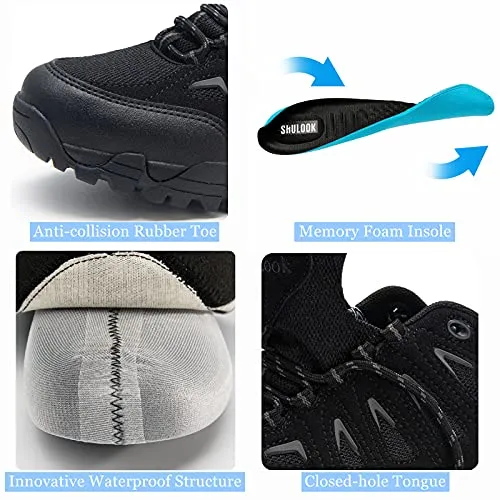 SHULOOK Men's Waterproof Hiking Shoes Lightweight Anti Slip Outdoor Ankle Boots Breathable Hike Trekking Trails Shoe Black/Grey 9