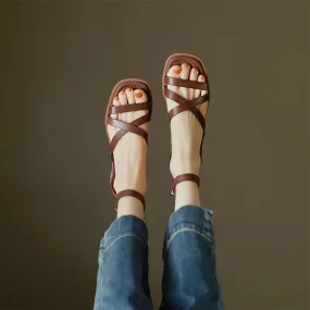 Women's Genuine Leather Ankle Strap Flat Sandals